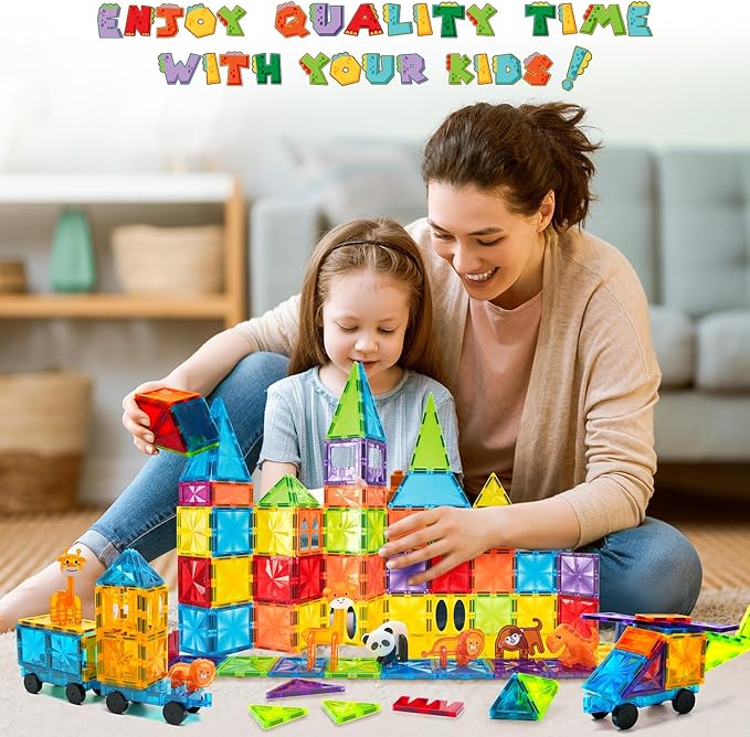 Magnetic Tiles 110PCS 3D Animals Magnet Tiles with 2 Cars Kids Magnetic Building Blocks STEM Educational Magnet Toy Construction Playboards Toys Gifts for Boys Girls Toddlers 3 4 5 6 7 8 9 Year Old