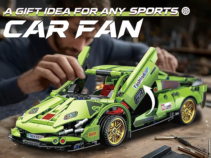 Sosuy Building-Block Race-Car Set, 1:18 Technical Model Kit 586 Pcs DIY Green Pull-Back Toy for Boy Girl Kid Age 6+ Year, Birthday Gift for Teen Adult Display, Speed Super Sports Cars Bricks Icons