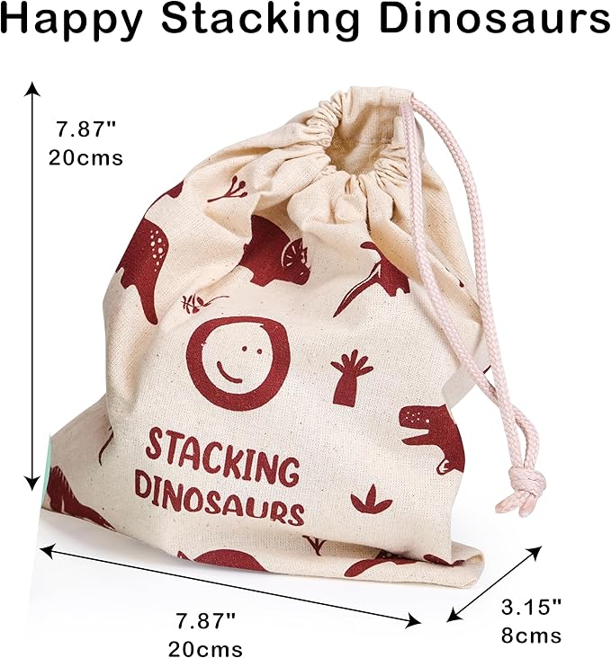 Mentari Toys - Happy Stacking Dinosaurs - 6pc Wooden Stacking Toy for Toddlers - Colorful Dinosaur Balancing Activity Toy with Bag - Boost Fine Motor Skills and Dexterity - Age 18m+