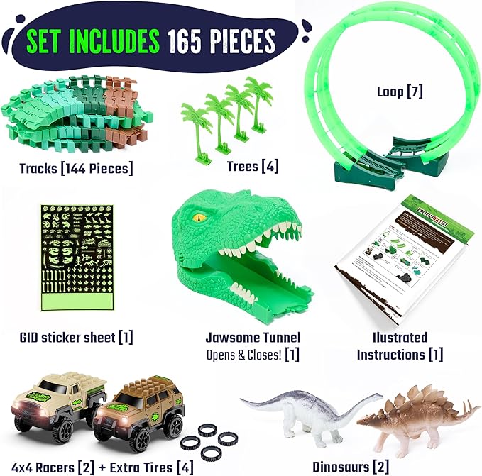 JITTERYGIT Race Track Set Glow in The Dark Track Toy for Boys & Girls Age 3, 4, 5, 6 and 7 (Dino Track Glow Loop)