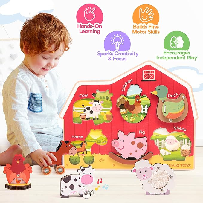 Wooden Montessori Farm Puzzles for Toddlers 1-3 – Interactive Sensory Animal Toys with Textures & Sound -Educational Puzzle & Baby Gifts for Fine Motor Skills & Autism Friendly