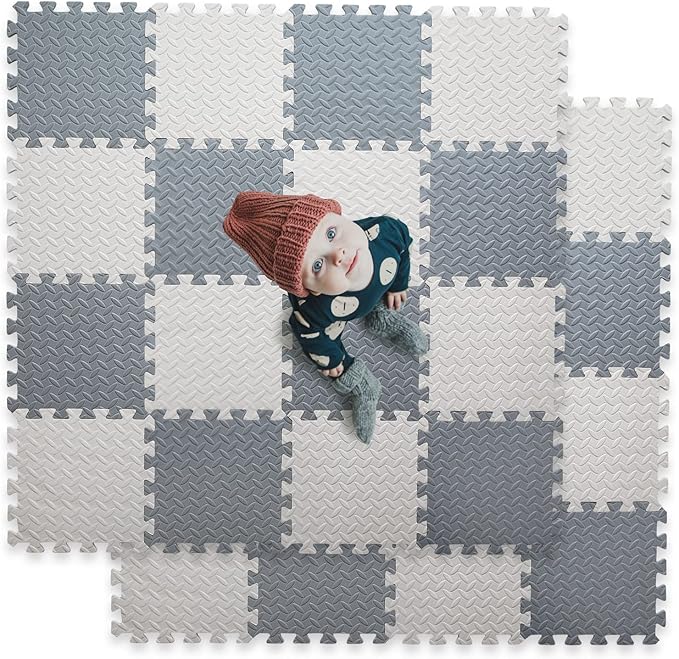16 Tiles Foam Play Mat for Baby, Soft & Safe EVA Foam Mats for Floor, Square Baby Play Mat, Solid Colored Kids Foam Puzzle Floor Mat, 47x47 Play Mat for Playpen(Whit/Gray)
