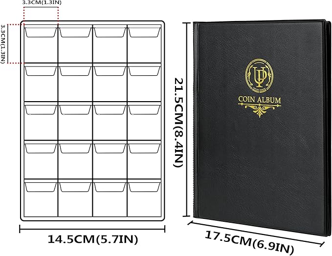 200 Pockets Coin Album - Coin Collecting Book with 10 Pages, 33x33 mm Grid Holder for Pounds Pence Cents Dollars Nickel (Black) CS48200BK
