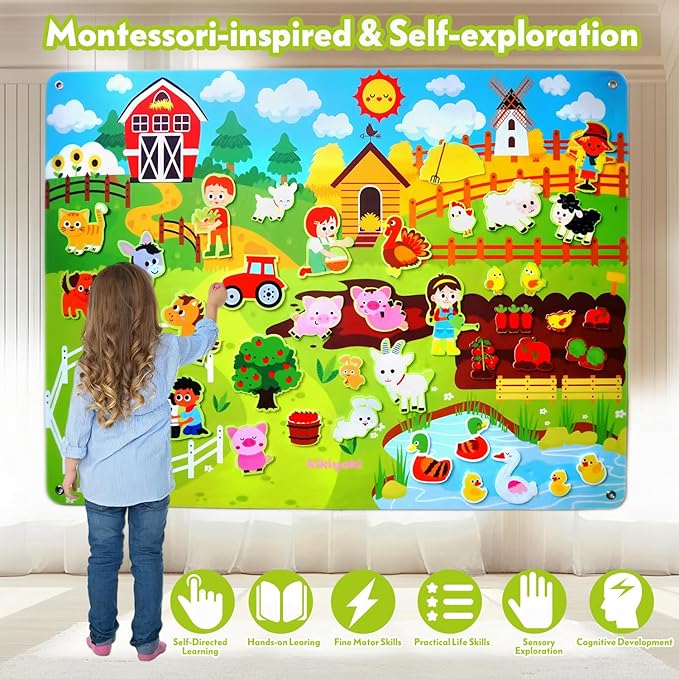 Felt Board for Toddlers Play Farm Animals Story Sets, Large Wall Activity Busy Board for Kids, Montessori Toys, Barnyard Theme Interactive Sensory Toys, Preschool Learning Play Kit, Classroom