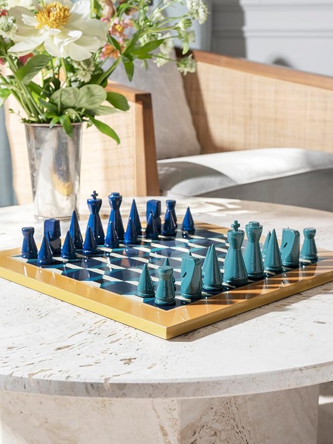 Printworks Lacquered Chess – Athena – Multi-Color Wooden Chess Set with Solid Wood Board – Elegant Coffee Table Game for Adults & Kids Ages 5+ – Multilingual Instructions Included