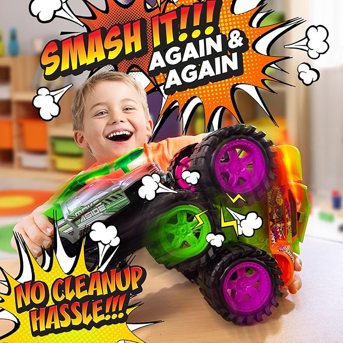Exploding Monster Truck Toy with Explosive Crash Sounds and Lights, Smash It Up Again and Again, 8.7” Monster Truck Toys for Boys Kids Ages 3, 4-7 & Above | Toddler Toys for 3 Year Old Boys Gift