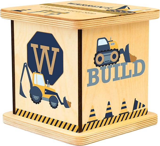 Wooden Piggy Bank for Kids and Adults, Personalized Gift Handmade in USA by BloomOwl, Custom Piggy Bank, Personalized Banks for Kids, Gifts for Baby Boys and Girls (Construction- Navy)