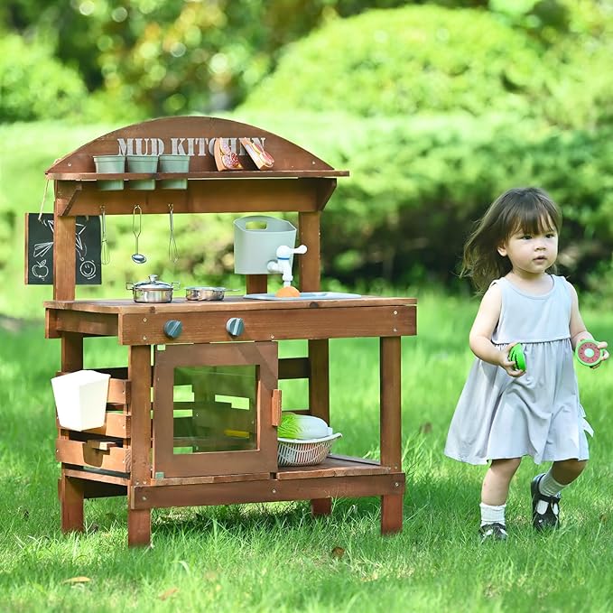 Mud Kitchen for Kids Outdoor 31.5in, Wooden Play Kitchen with Accessories for Kids Play Kitchen Set with Sink, Faucet, Plants Observation Room for Backyard Garden