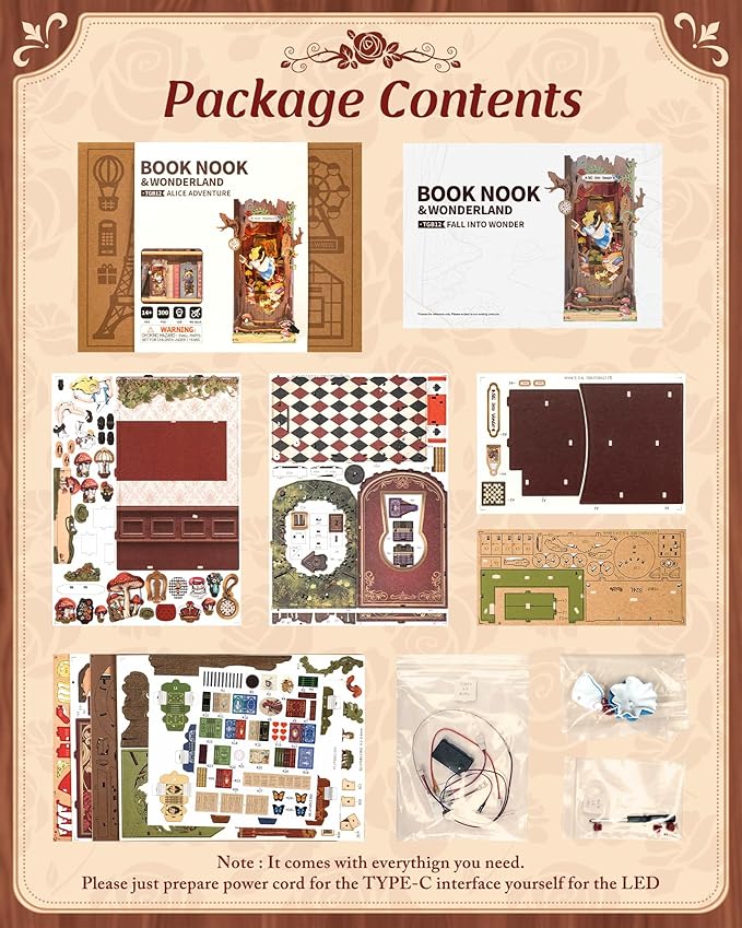 ROBOTIME Book Nook Kit, Fairy Tale Princess DIY Miniature House Kit, Fall into Wonder 3D Wooden Puzzle Bookends, Tiny House Bookshelf Decor Creative Decorative Unique Gifts for Adults & Teens
