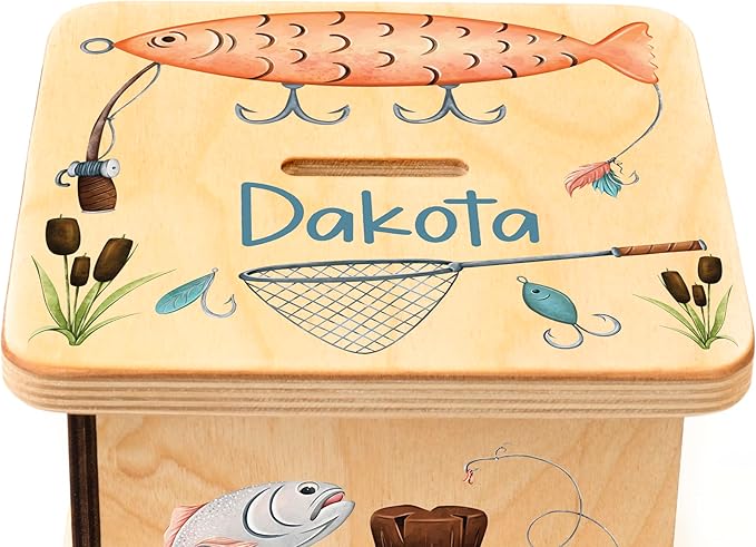 Wooden Piggy Bank for Kids and Adults, Personalized Gift Handmade in USA by BloomOwl, Custom Piggy Bank, Personalized Banks for Kids, Gifts for Baby Boys and Girls (Fishing)