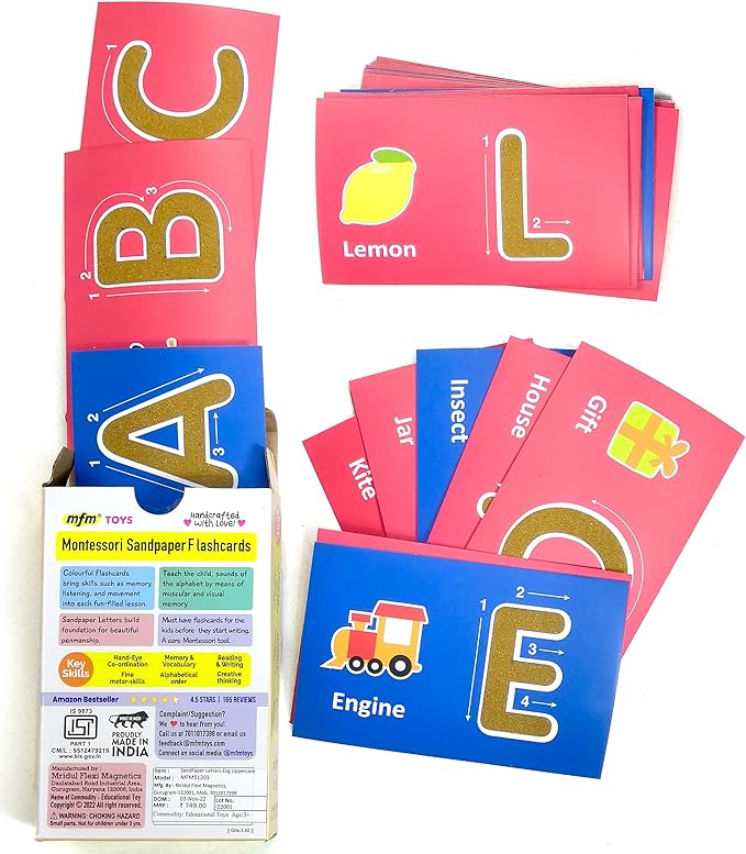 MFM Toys Sandpaper Alphabets Letters Numerals Flashcards Tactile - Early Learning Aid (Uppercase)