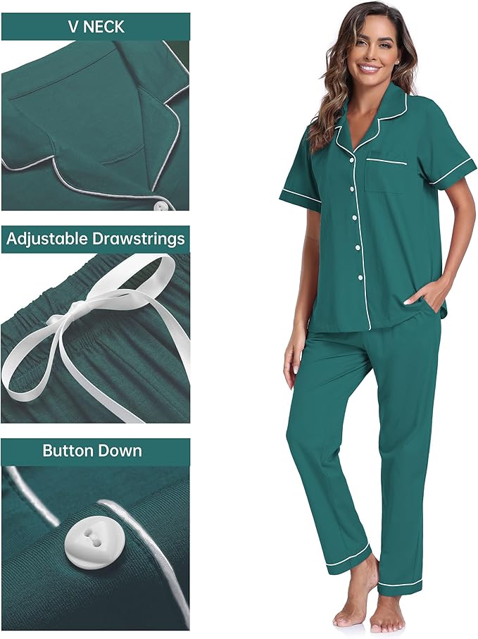 CF Womens 100% Cotton Pajamas Set Button Down Pjs Sets Short Sleeve Top & Long Pants Sleepwear Comfy Loungewear with Pockets