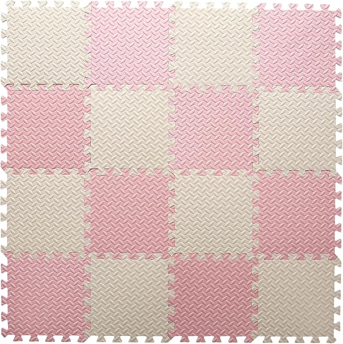 Foam Play Mat for Baby, 0.4 Inch Thick Foam Interlocking Floor Mats, Soft Non-Toxic Baby Playmat, Solid Colored Puzzle Play Mat Kids Floor Mats, 16 Tiles, Beige/Loli Pink