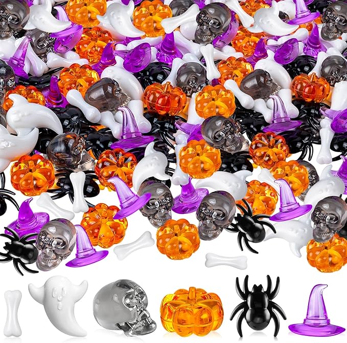 110 Pcs Halloween Vase Filler, Mini Acrylic Pumpkin Ghost Skull Spider Witch Hats Gems for Centerpieces Table Decorations, Halloween Sensory Bin Filler for DIY Crafts