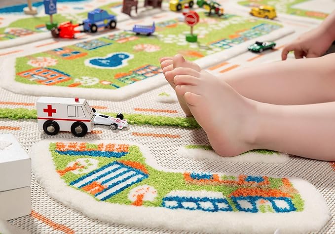 IVI Mini City Thick 3D Educational Play Mat Rug for Bedroom or Playroom, 86'L x 59'W, Non-Toxic Safe Play Area Learn with Cars and Toys