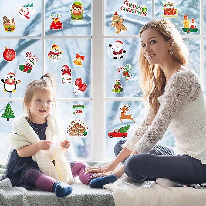 MARFOREVER 25 Pcs Christmas Window Gel Clings, Xmas Santa Claus Snowman Gingerbread Man Snowflake Penguin Thick Window Clings Decals for Classroom Nursery Home Christmas Holiday Party Decorations