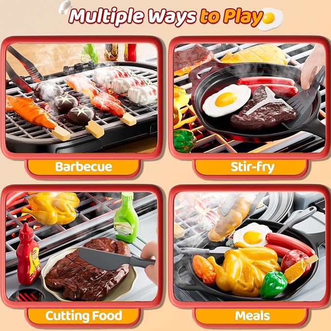 Kids Grill Playset for Toddlers 3-5, 2-Layer Outdoor BBQ Cooking Toy with Smoke, Lights and Sounds, Backyard Pretend Play Kitchen Set, Outside Toys for Boys and Girls