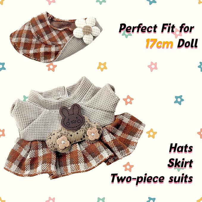 Clothes for 17cm Doll, 2 PCS Cute Brown Hat & Dress Set, Dress up Outfit Exquisite Accessories for Dolls