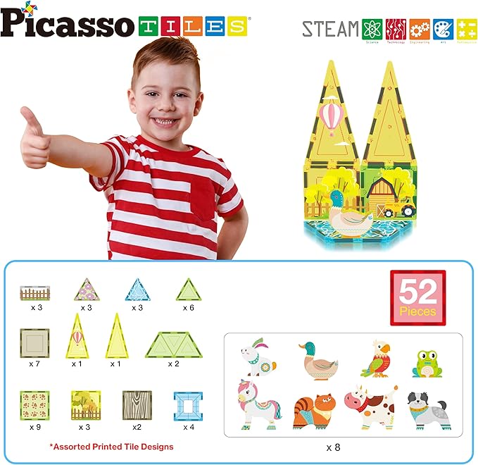 PicassoTiles Magnetic Tile Farm Animal Building Playset with 8 Character Figures STEM Construction Toy for Kids Age 3 Plus Educational Pretend Play Learning Blocks Farmyard Creative Activity Kit PTQ17