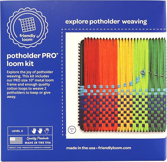 Friendly Loom Potholder Pro Weaving Kit | 10”x10” Sturdy Metal Loom and Quality Cotton Weaving Loops | Complete Kit to Weave 2 Large, Durable Potholders | Made in The USA