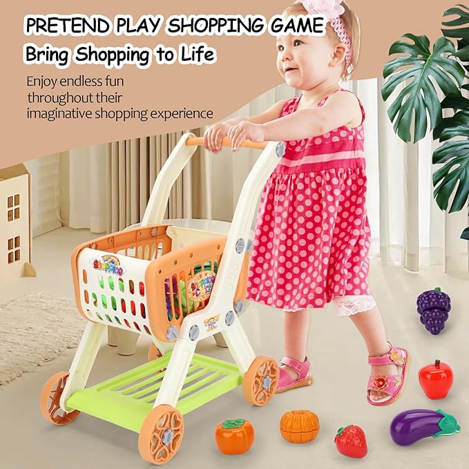 Shopping Cart with Cutting Play Food Set for Kids Kitchen, 2 in 1 Shopping Cart for Kids Grocery Store Pretend Play Kitchen Accessories Sorting Food Bucket Learning Toys Gift for Toddler 3-5