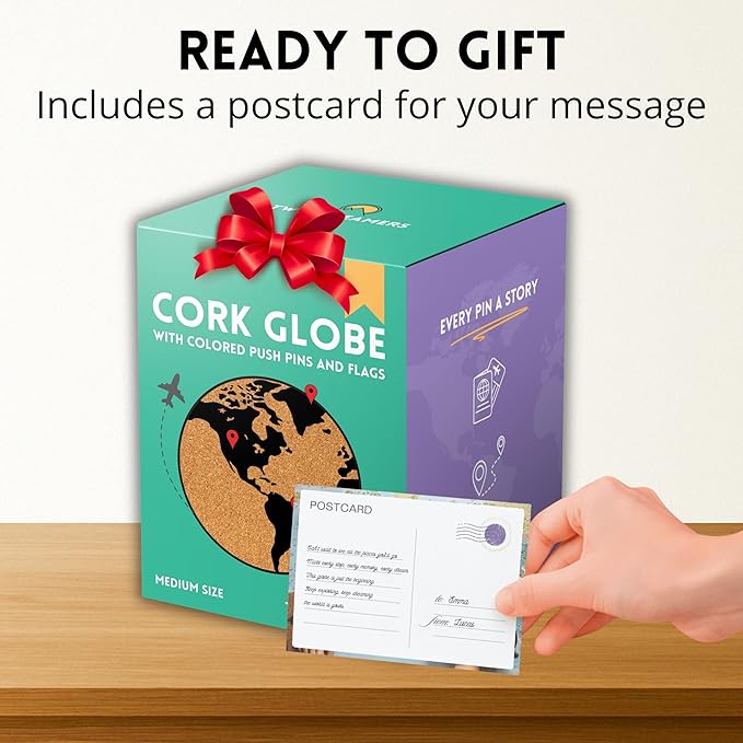 Large Cork Globe 12.6" Tall | World Travel Map with Metallic, Colored & National Flags Push Pins | 3D World Map Pin Board for Home or Office | Unique Gift for Travelers, Couples & Families