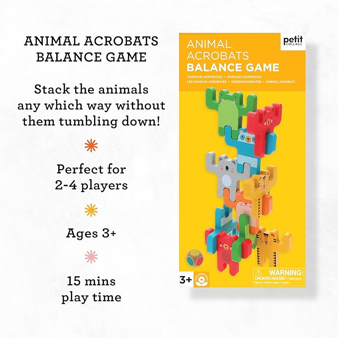 Petit Collage: Animal Acrobats | Wooden Balancing Games | Includes 24 Wooden Animal Pieces | Great for 2-4 Players Ages 3+