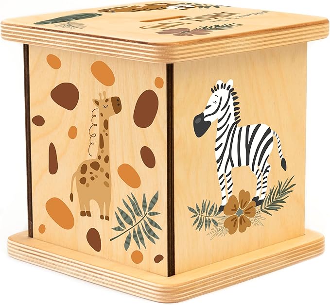 Wooden Piggy Bank for Kids and Adults, Personalized Gift Handmade in USA by BloomOwl, Custom Piggy Bank, Personalized Banks for Kids, Gifts for Baby Boys and Girls (Earthy Jungle)