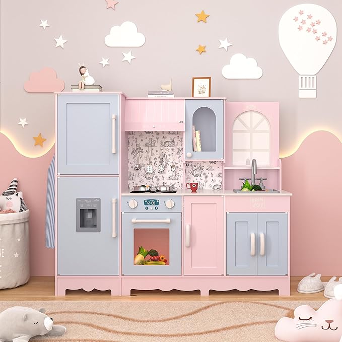 Play Kitchen for Kids, Wooden Kids Kitchen Playset w/Faucet, Sink, Stove, Oven, Window, Cookware, Storage Cabinets, Toddler Role Play Kitchen Pretend Play Toy Set Gift for Girls Boys Ages 3+