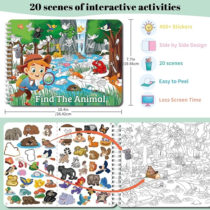Find The Animal Sticker Book for Kids Ages 2-4, Include 20 Theme Stickers for Kids, Learning & Educational Toy, Find Over 400+ Hidden Object, Airplane Toys for Toddlers 3-5, Preschool Activities