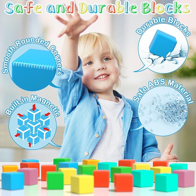 Large Magnetic Blocks Travel,56PCS 1.34in Building Blocks for Toddlers 3-5,Magnet Cubes for Toddlers,Sensory Montessori Toys Sets Learning Construction Squares Stem Toys for Boy,Girl,Kids,Kit,Gift,4-8