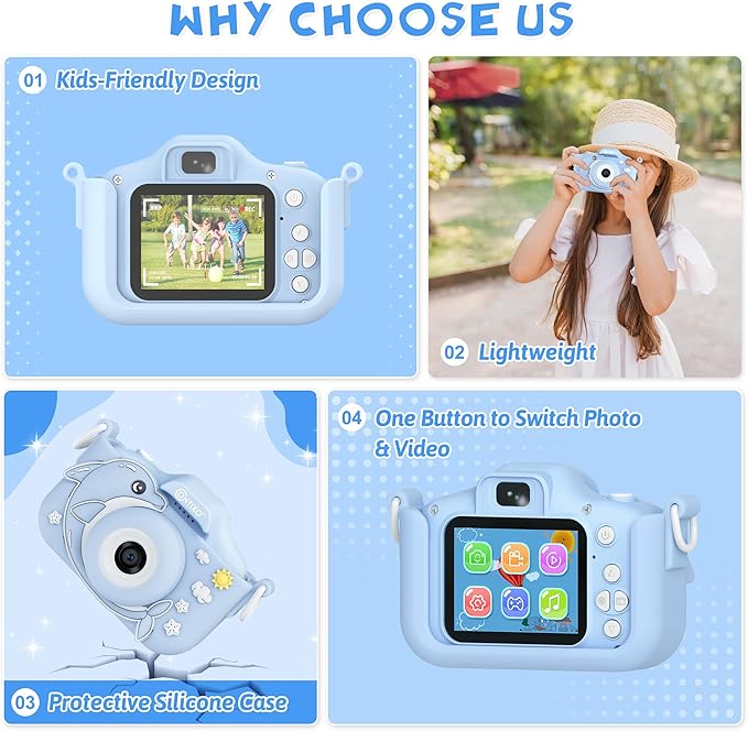 Contixo KC3A Kids Digital Camera - 1080P Toddler Camera with Selfie Mode, Games, Sound Recording, 8X Zoom, 32GB SD Card, USB-C Rechargeable Educational Toy for Boys Girls Ages 3-8, Blue