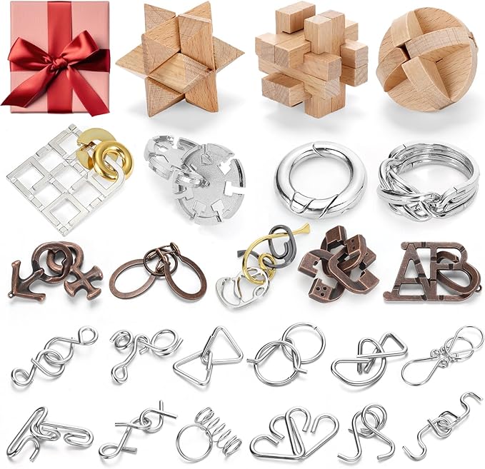 24 Pack Brain Teaser Puzzle Set Wooden and Metal 3D Interlocking IQ Toys for Adults and Teens Educational Games(Educational Style)