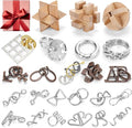 24 Pack Brain Teaser Puzzle Set Wooden and Metal 3D Interlocking IQ Toys for Adults and Teens Educational Games(Educational Style)