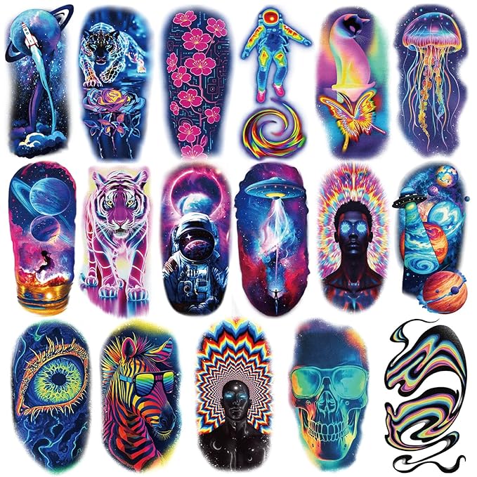 Cosmic Space Temporary Tattoos for Adults and Kids, 77 Sheets Colorful Astronaut Planet Galaxy Fantasy Art Designs Fake Tattoo for Men and Women