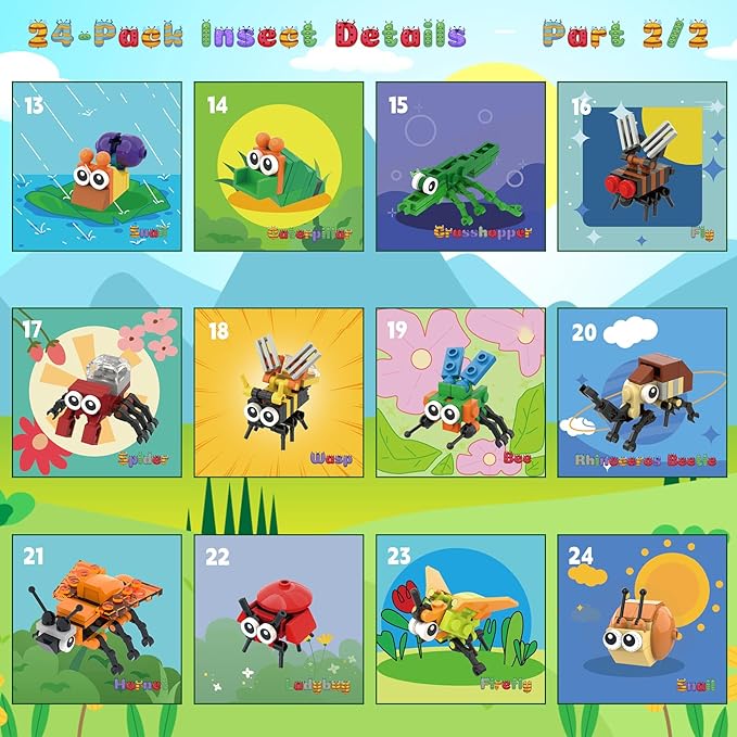 Party Favors for Kids 24 Pack Insect Building Sets, Bulk Educational Bug Blocks Toy for Valentines Day Classroom Prizes, Goodie Bags, Easter,Christmas, Birthday Party Gifts for Boys and Girls