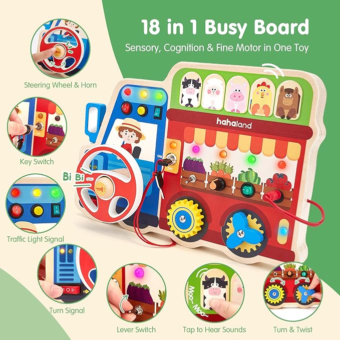 hahaland Montessori Busy Board for Toddlers 3-5, 18-in-1 Wooden Sensory Activity Board with LED Lights & Switches, Educational Montessori Toy for Fine Motor Skills, Travel & Birthday