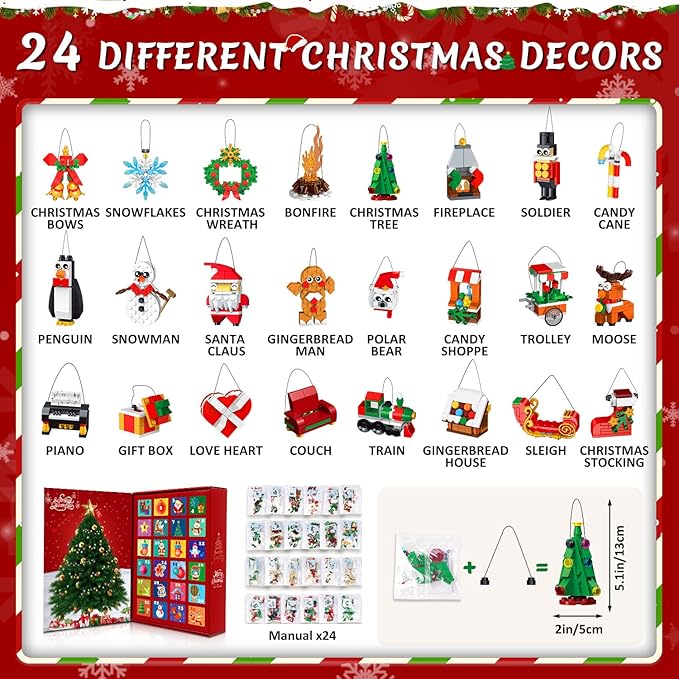 HOGOKIDS 2025 Advent Calendar Christmas Ornaments Building Set, 24 Days Countdown Hanging Christmas Tree Decor Wreath Santa Snowman Xmas Gift Stocking Stuffer Building Toys for Kids Boys Girls Ages 6+