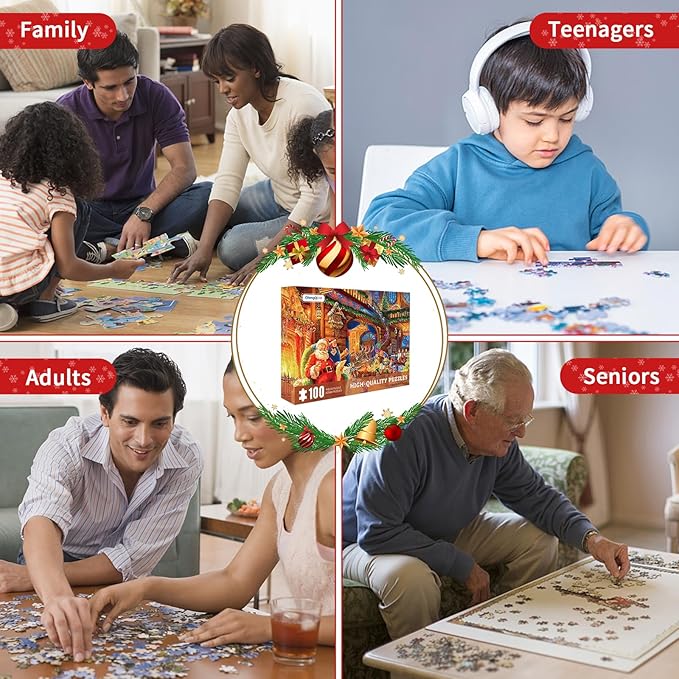 Christmas Puzzle 100 Piece Puzzles for Kids, 100 Piece Puzzle Santa Claus Puzzle 100 Pieces Puzzles for Adults Christmas Puzzle Santa's House for Kids Ages 6-10 Brain Teaser