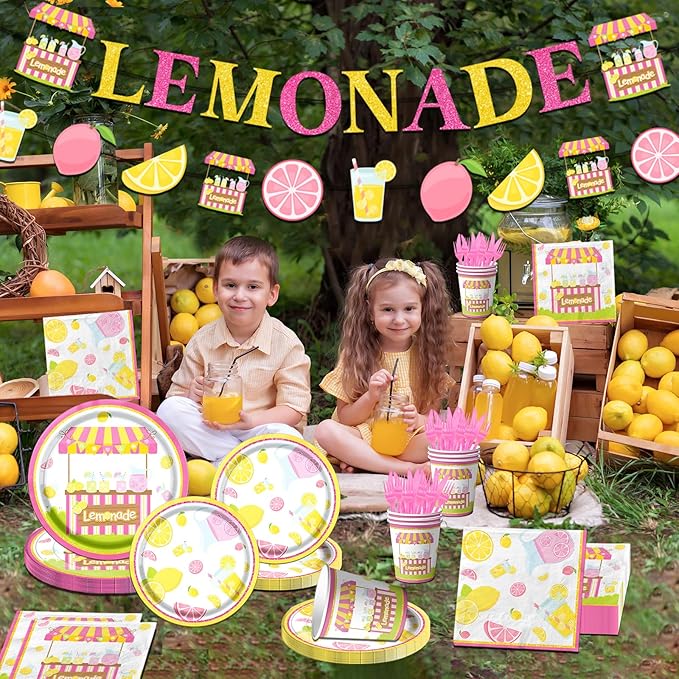 Lemon Party Supplies - 142Pcs Lemonade Party Decorations Tableware Set Includes Lemon Plates,Napkins,Cups,Banner,Lemonade Tablecloth for Lemon themed Birthday Party Baby Shower Party, Serves 20