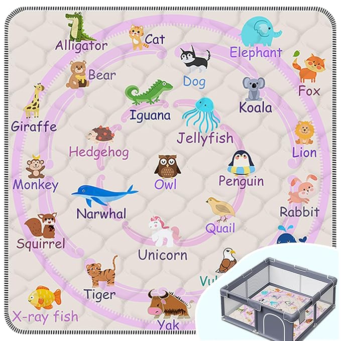 Baby Play Mat，Thick Soft 50" X 50" Playpen mat, Non-Slip and Machine Washable Baby Play Mats for Floor，Crawling Mat for Babies, Toddlers & Infants to Play and Learn (Pink Animal, 50" X 50")