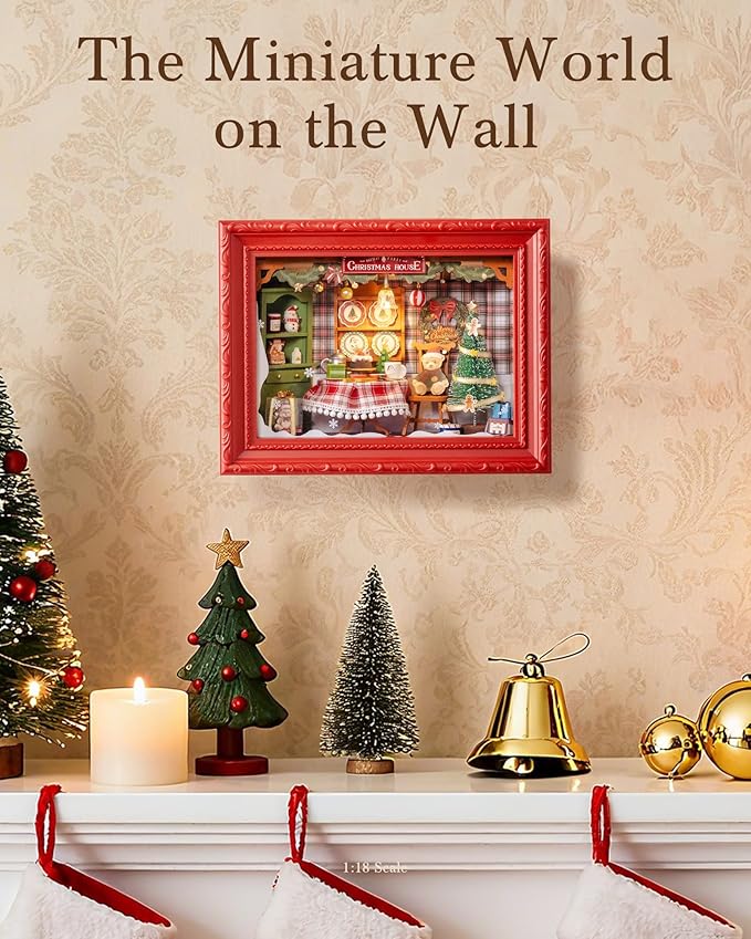 Rolife DIY Miniature House Kit, Mini Wooden Dollhouse Kit for Adults to Build, 3D Shadow Box Frame Home Wall Hanging Decor Diorama Kit, for Girls Women Teens-Christmas Eve Party