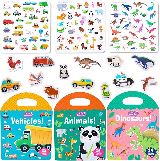 3 Pack Jelly Reusable Sticker Books for Toddlers 1-3 2-4 Years, Portable Travel Toys Sticker Activity Book for Kids 2 3 4 Year Old Girls Boys, Animal Dinosaur Vehicle Car