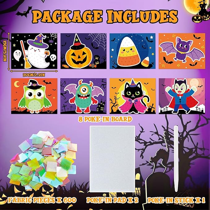 Lonfliness 8PCS Poke-in Craft and Art Kit Kids Halloween No-Mess Fabric Sewing Art Girl Boy 4-12 Puzzle Puncture Painting DIY Bat Pumpkin Ghost Halloween Toy Gift Creative Activity Game Birthday Party