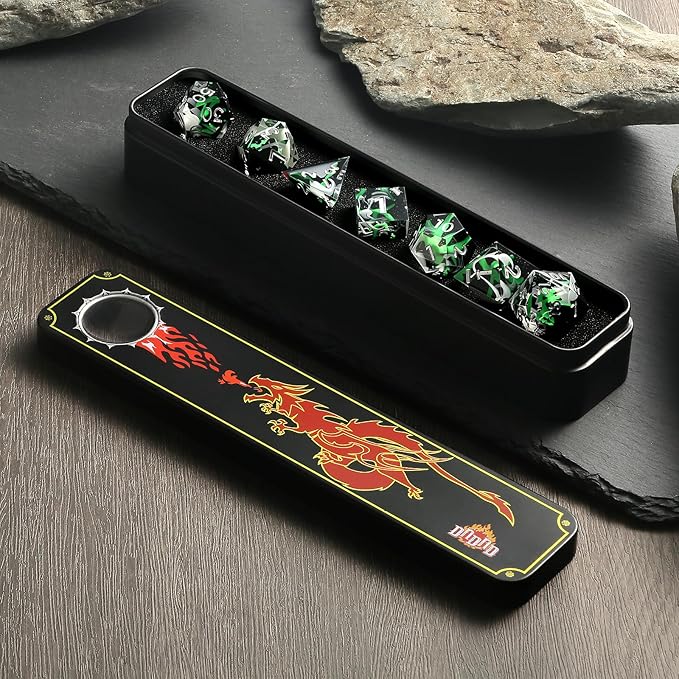 DNDND Emerald Volcanic Sharp Edge Dice Set - 7PCs Green Lava Flow Polyhedral Dice for D&D, RPG Metal Case Gift with Clear Numbers