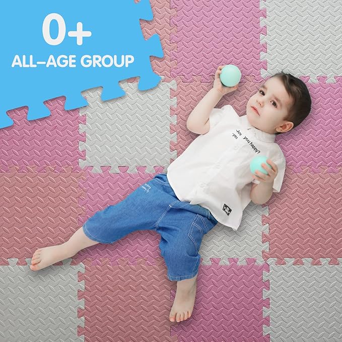 16 Tiles Foam Play Mat for Baby, Soft & Safe EVA Foam Mats for Floor, Square Baby Play Mat, Solid Colored Kids Foam Puzzle Floor Mat, 47x47 Play Mat for Playpen(White/Pink/Loli Pink)