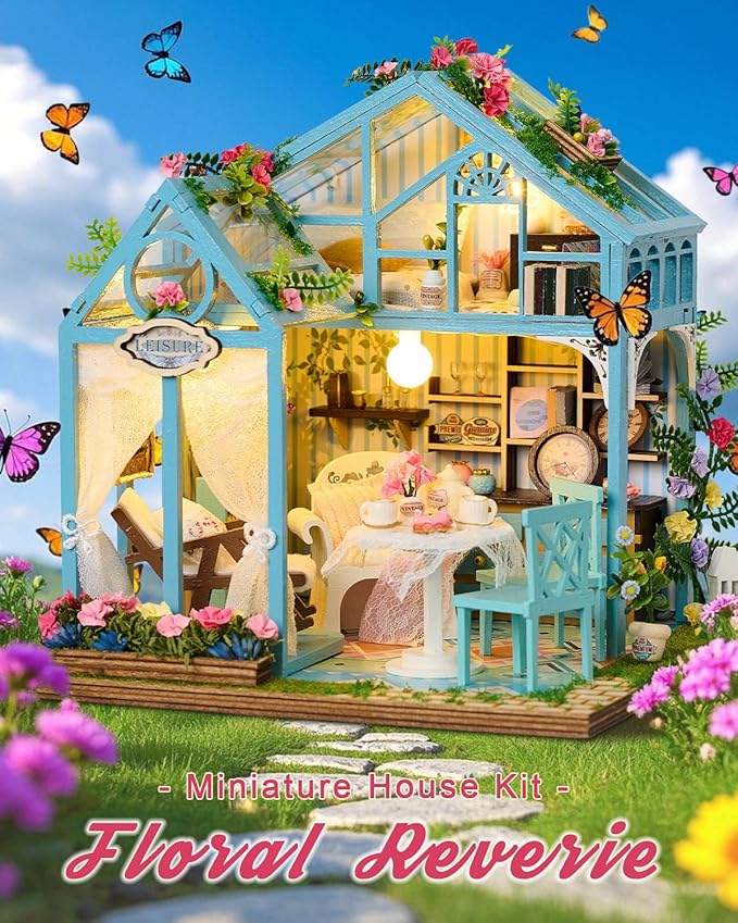 Miniature House Kit Floral Reverie, DIY Tiny House with Furniture & LED Lights, Miniature Dollhouse Kit for Adults & Teens, Creative Decoration Gift for Family Friends