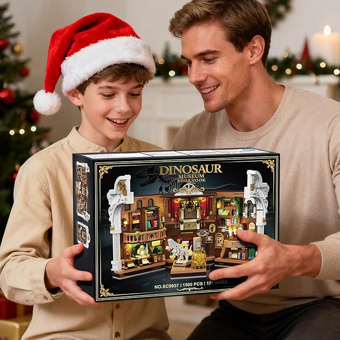 Dinosaur Museum Book Nook Building Set with Lights, DIY Booknook Building Block Toy for Bookshelf Home Decor, 1500 PCS Miniature House Model Building Brick Kit for Adults Teens Boys Girls 12+