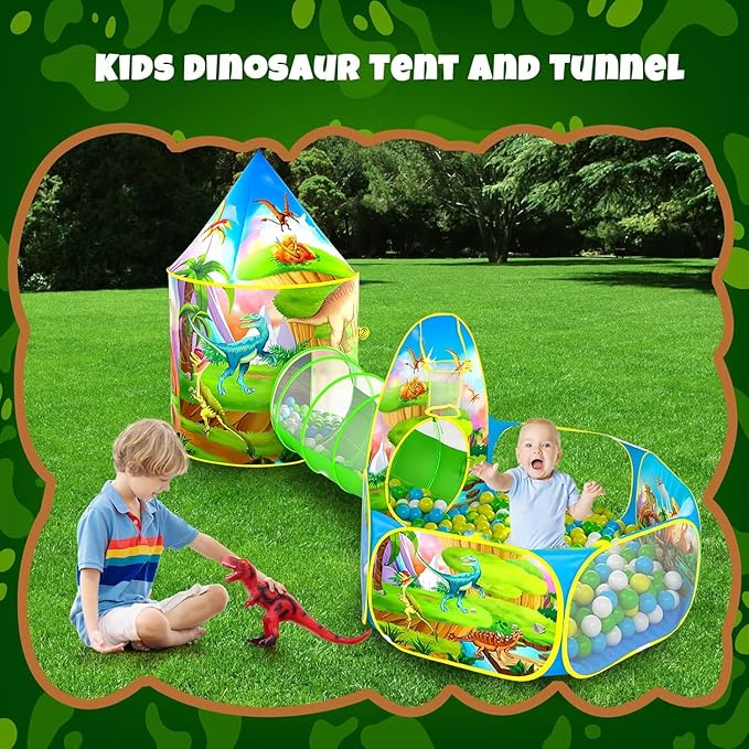 3PC Dinosaur Play Tents for Boys with Piano Mat, Kids Play Tent with Ball Pit, Crawl Tunnel, Castle Tent for Toddlers, Baby Dinosaur World Playhouse Toys