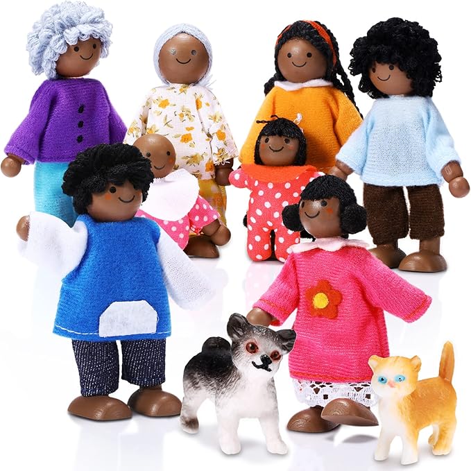 Skylety 10 Pcs Wooden Dollhouse Set of Mini People Figures Dollhouse Dolls Wooden Doll Play Figures Accessories(Cute Style)